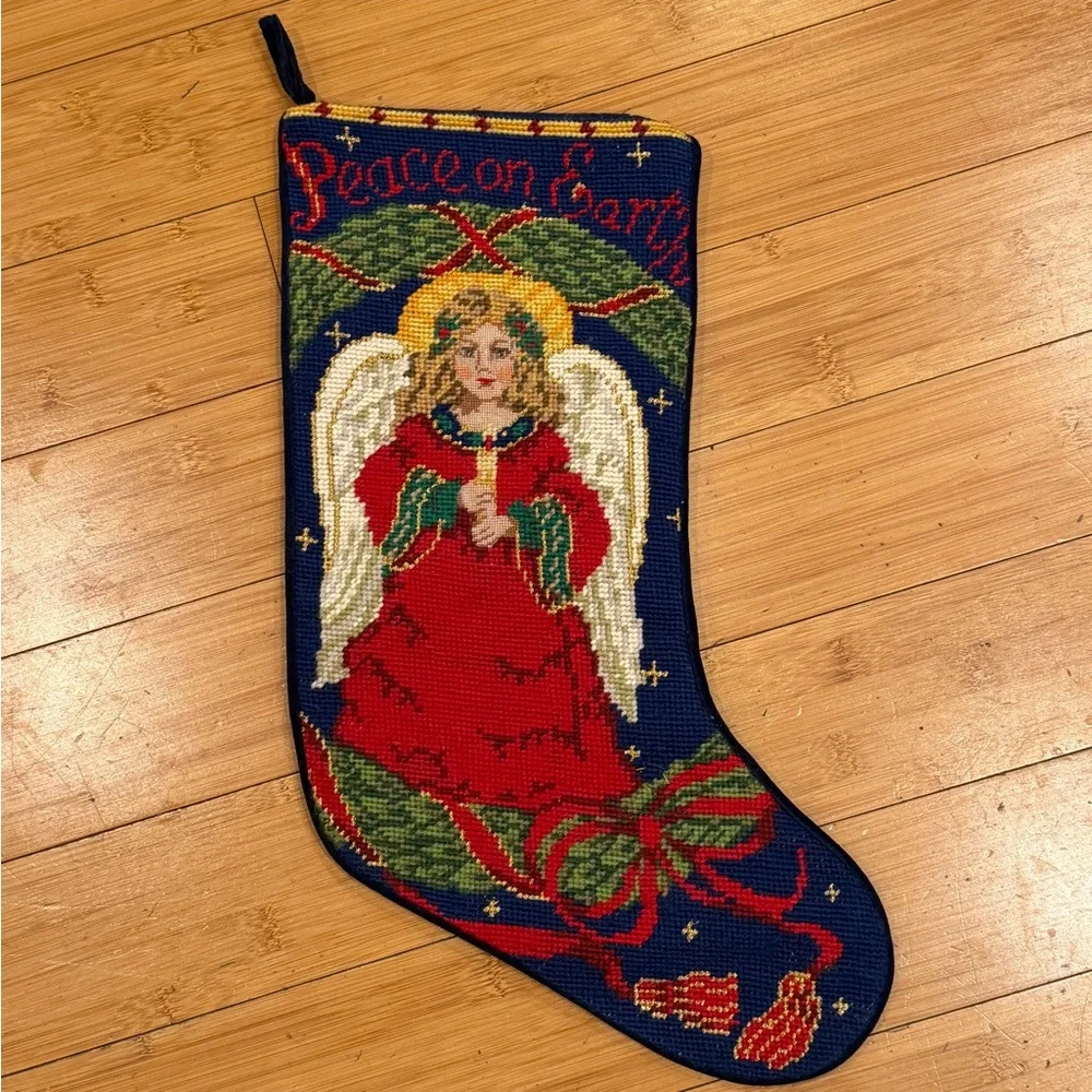 Vintage Needlepoint Peace on Earth Angel 100% Wool & Velvet Christmas Stocking